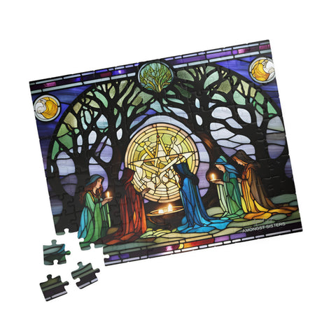 110 piece Puzzle - Witches Coven Meeting  Stained Glass Design